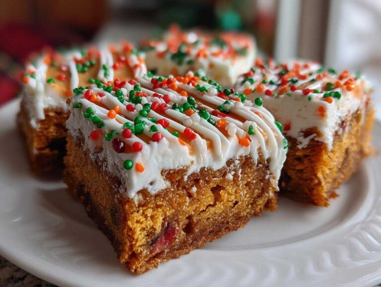 Close-up of several rich, orange-hued cranberry bliss bars topped with white frosting and festive red, green, and orange sprinkles.