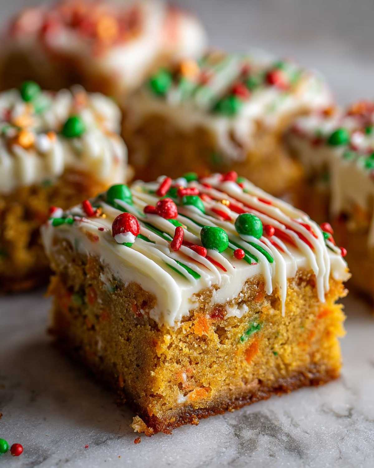A close-up of a single, thick square of cranberry bliss bars topped with white icing, green, red sprinkles, and drizzles.