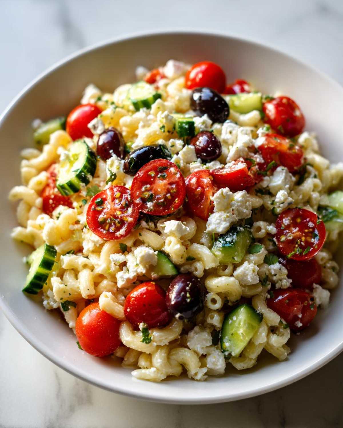 A close-up view of a bowl filled with Feta Mediterranean Pasta Salad featuring elbow macaroni, cherry tomatoes, cucumbers, olives, and feta cheese.