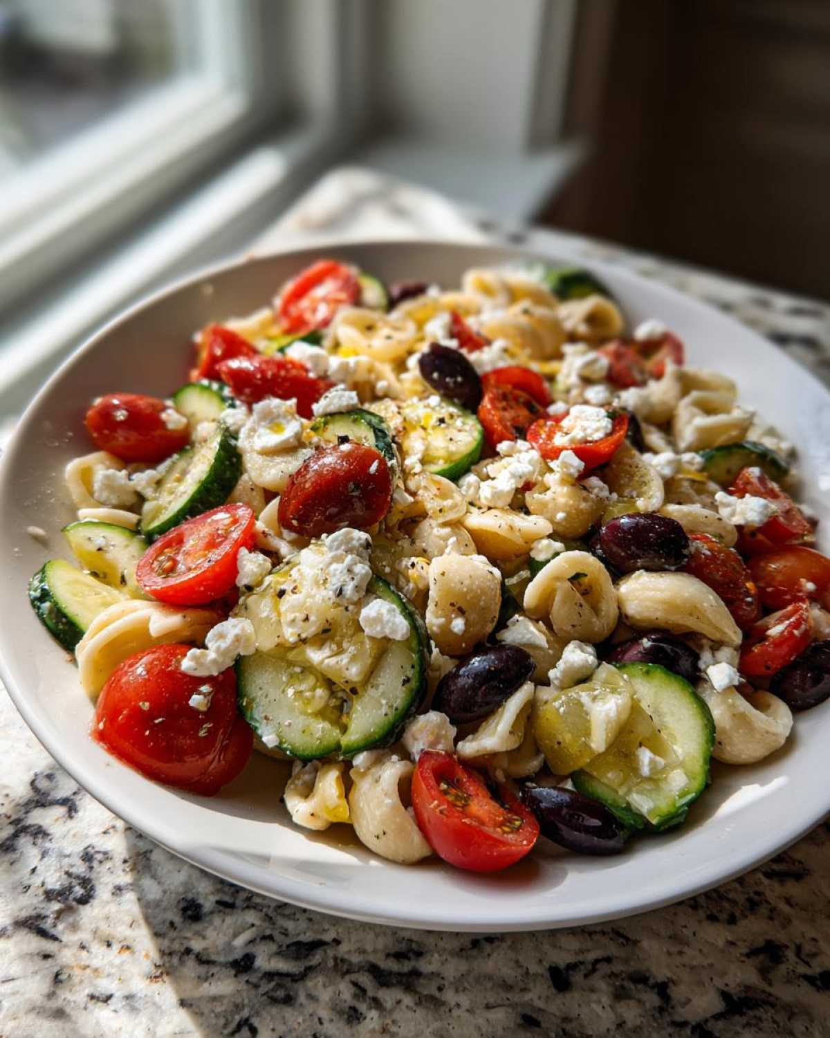 A white bowl filled with Feta Mediterranean Pasta Salad featuring orecchiette pasta, sliced zucchini, cherry tomatoes, olives, and crumbled feta cheese.
