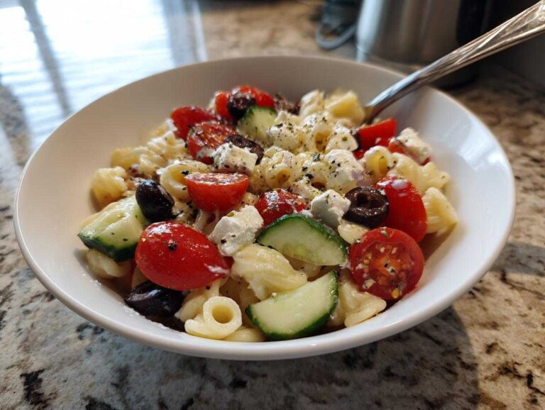 A close-up of a serving of Feta Mediterranean Pasta Salad featuring pasta, cherry tomatoes, cucumbers, olives, and feta cheese.