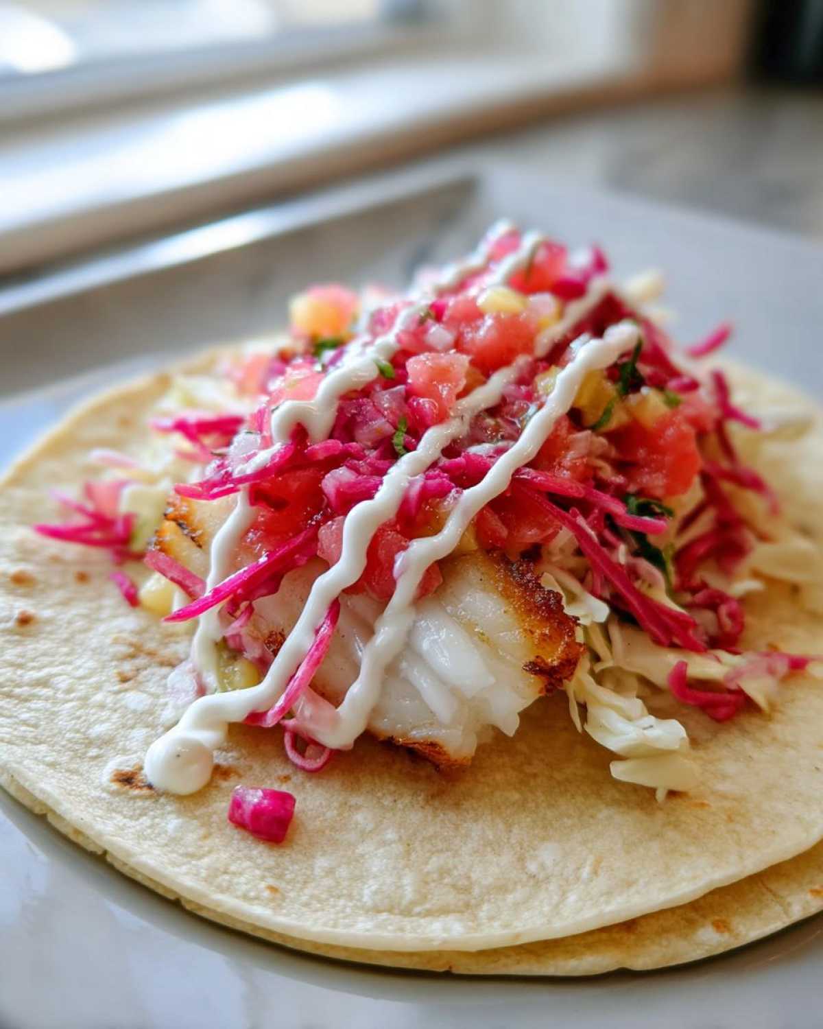 A close-up of a single Fish Tacos with Rhubarb Pineapple Salsa served on a soft tortilla with white sauce drizzle.