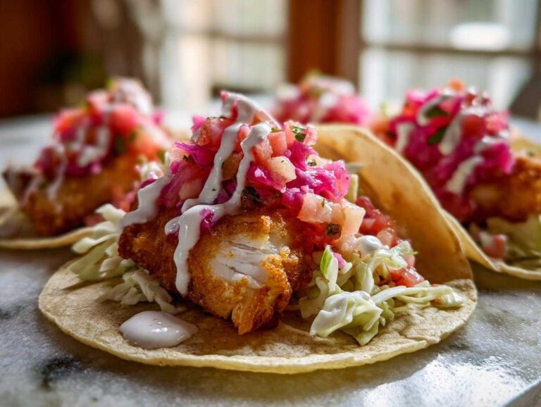 Close-up of crispy battered fish tacos topped with shredded cabbage, vibrant rhubarb pineapple salsa, and a drizzle of white sauce.
