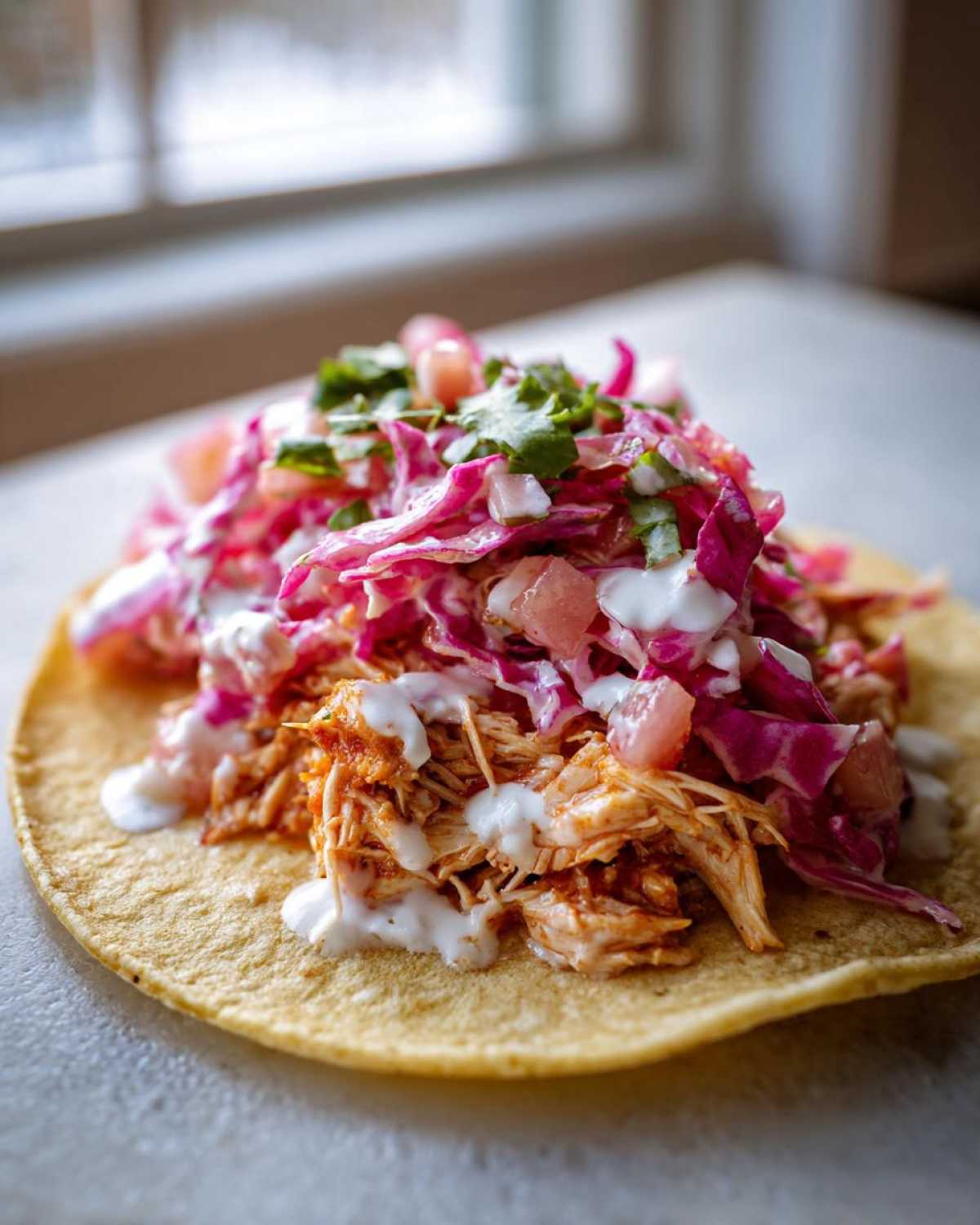 Close-up of a single corn tortilla holding shredded fish, topped with vibrant purple slaw and drizzled with white sauce, part of the Fish Tacos with Rhubarb Pineapple Salsa.