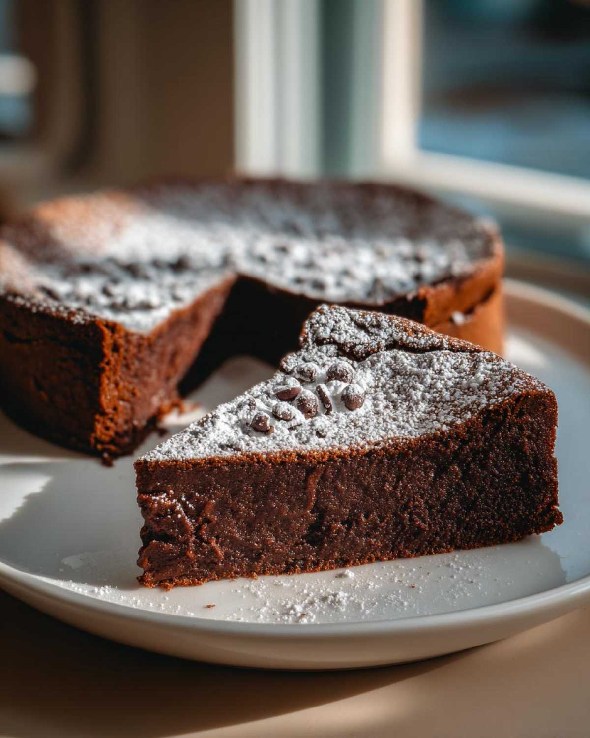 A close-up of a rich slice of flourless chocolate torte dusted with powdered sugar and mini chocolate chips.