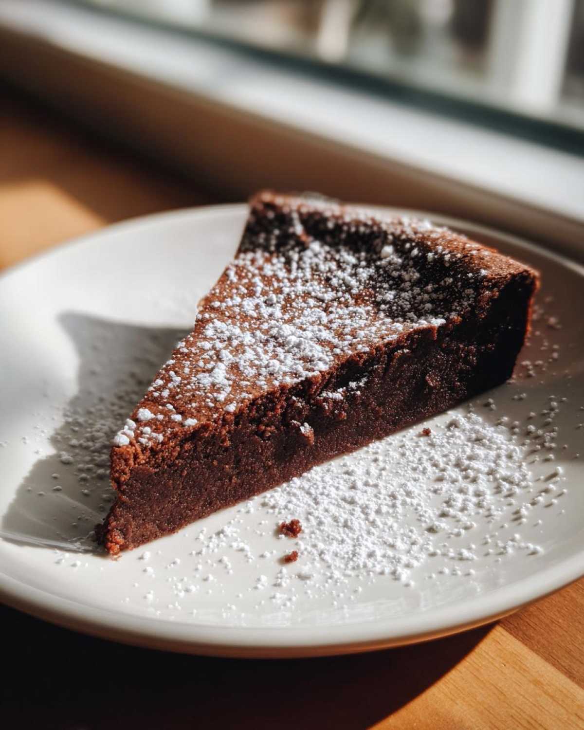 A rich slice of flourless chocolate torte dusted heavily with white powdered sugar, sitting on a white plate near a window.