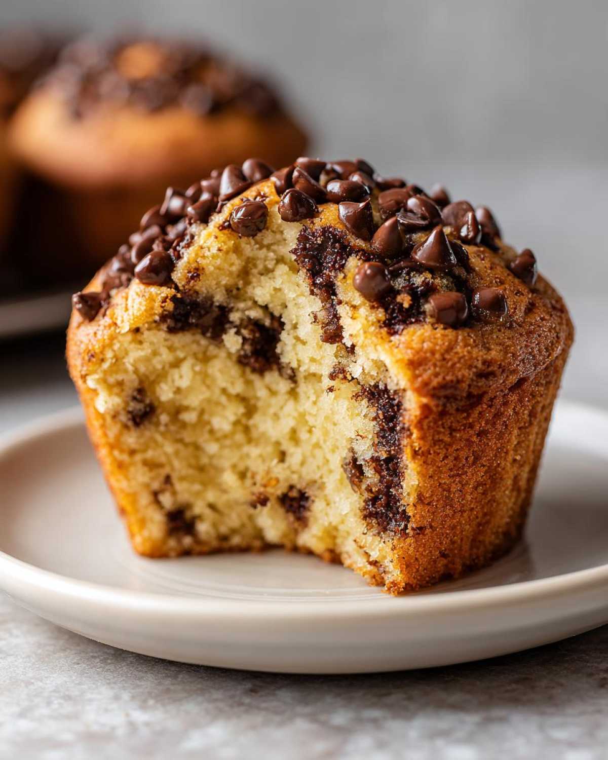 Close-up of a fluffy chocolate chip muffin recipe, showing the moist interior and melted chocolate chips.
