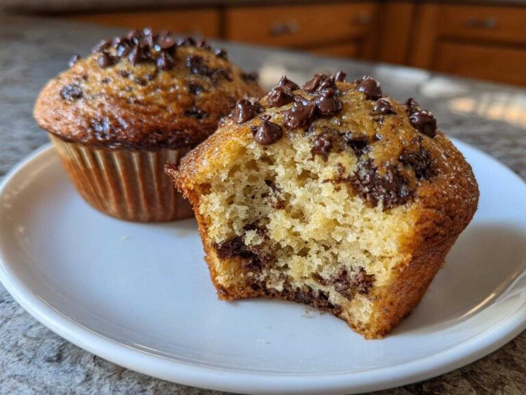 A fluffy chocolate chip muffins recipe highlight, showing one muffin broken open to reveal the moist interior and melted chips.