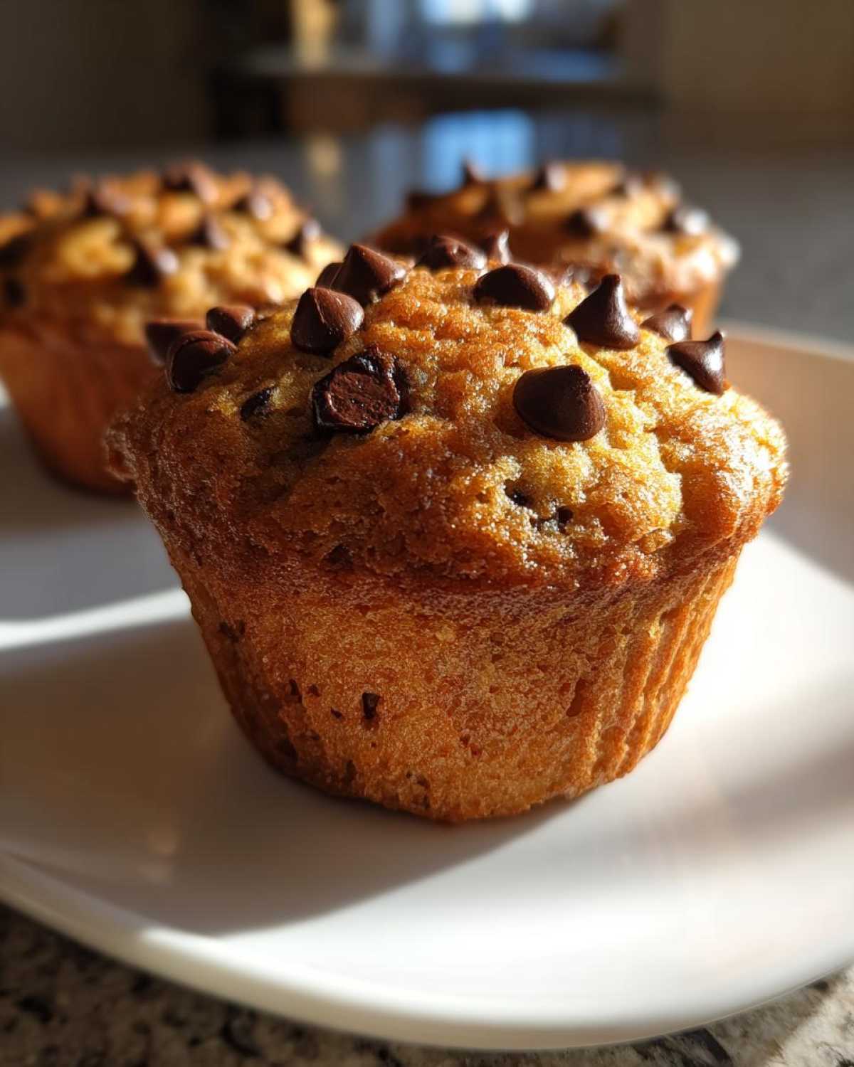 Close-up of a perfectly baked, golden brown chocolate chip muffins recipe muffin topped with melted chips.