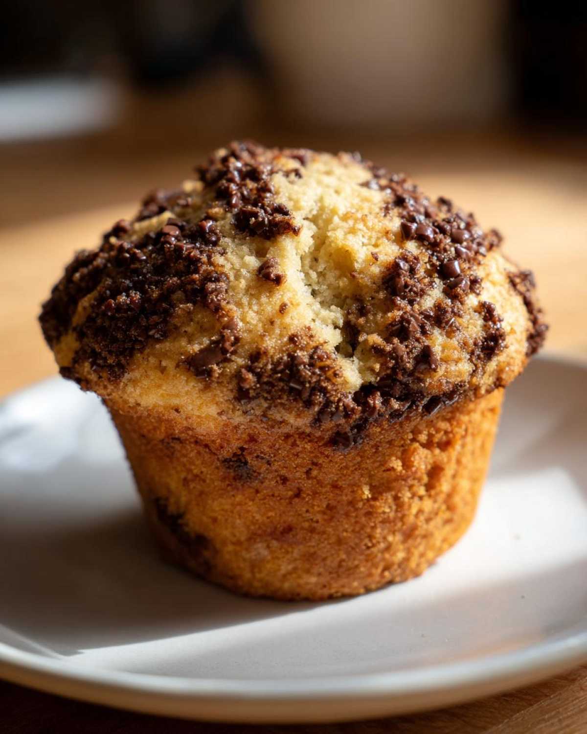 Close-up of a single, perfectly baked chocolate chip muffins recipe, featuring a golden dome and dark chocolate sprinkles.