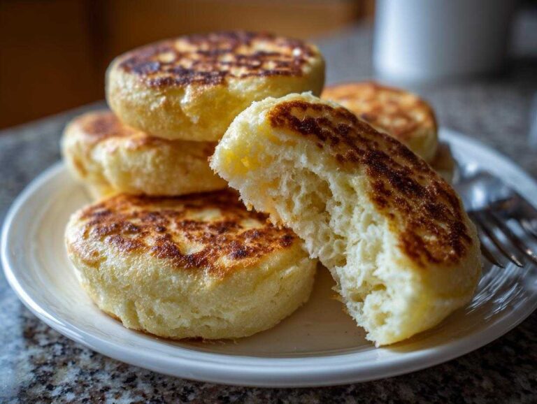 Close-up of homemade english muffins stacked on a plate, one broken open revealing a fluffy, airy interior.