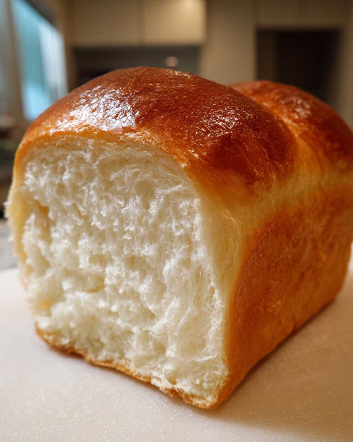 A cross-section of incredibly soft, white milk bread showing its fluffy texture and shiny, golden-brown crust.