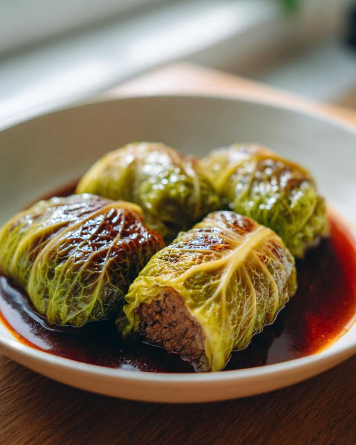 Four savory cabbage rolls filled with meat, served in a rich, dark brown sauce on a white plate.