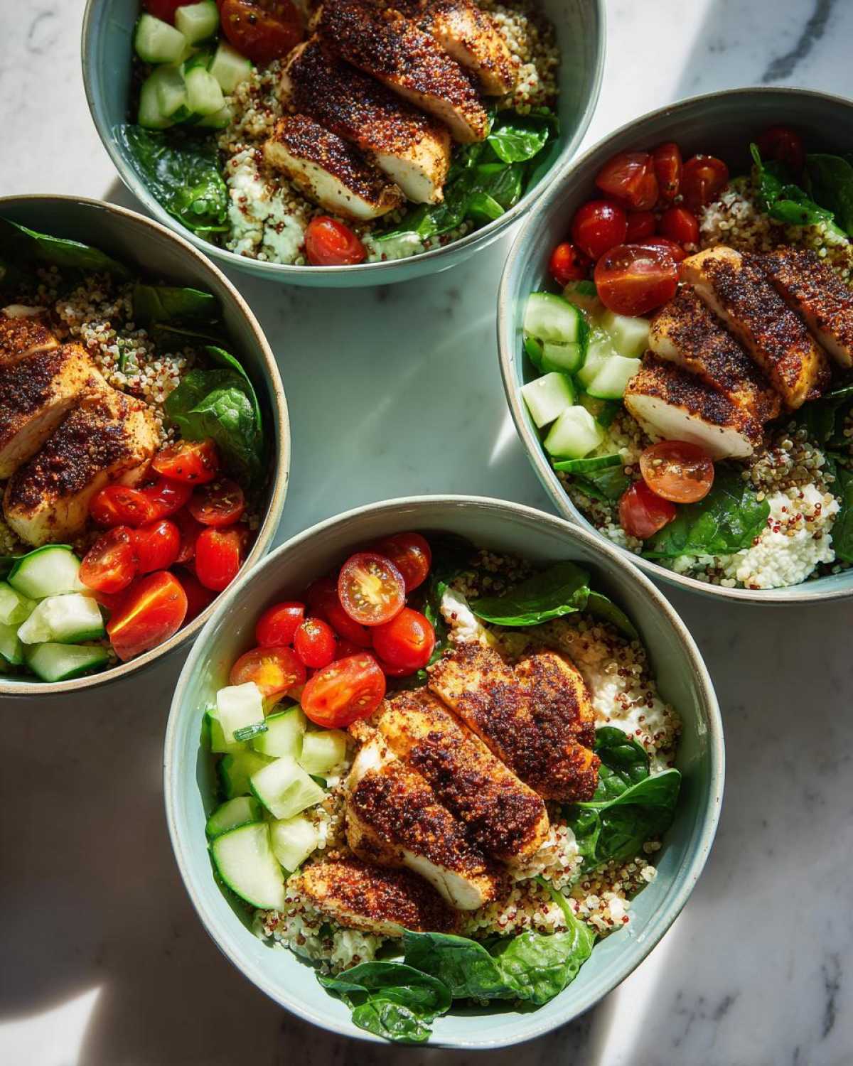 Overhead view of four Greek Yogurt Marinated Chicken Bowls featuring seasoned chicken, quinoa, spinach, tomatoes, and cucumber.