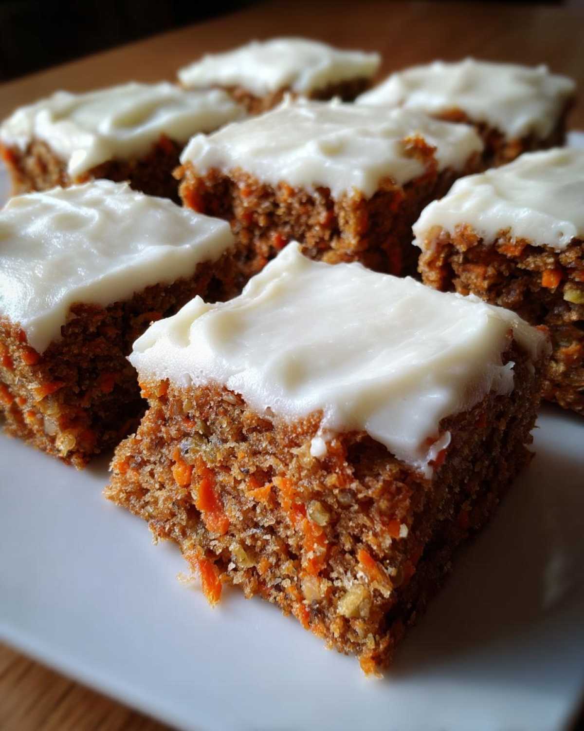Close-up of several moist Zucchini Carrot Bars recipe squares topped with thick white cream cheese frosting.