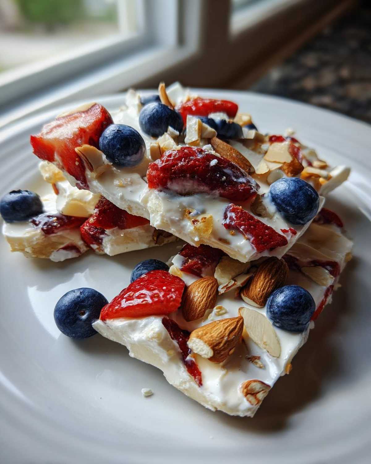 Stacked pieces of Frozen Yogurt Bark with Fruit & Nuts topped with fresh blueberries, strawberries, and almonds.