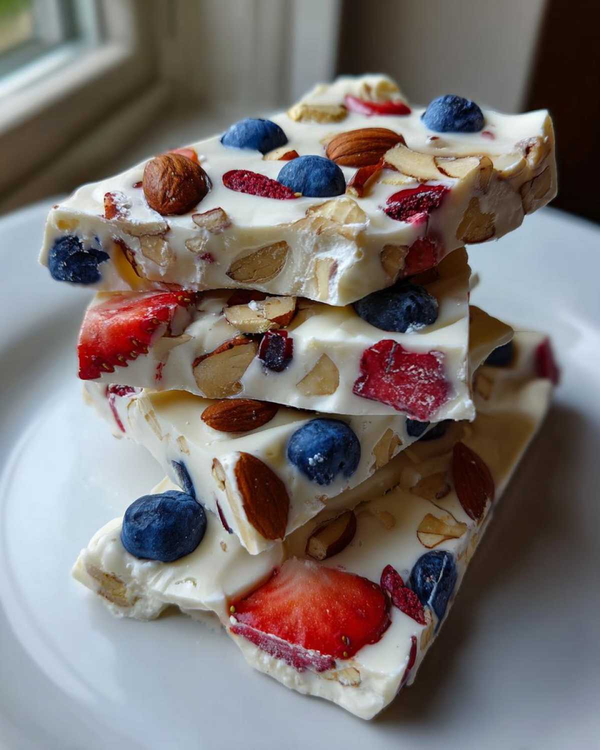 Four stacked slices of Frozen Yogurt Bark with Fruit & Nuts showing blueberries, strawberries, and almonds embedded in white yogurt.