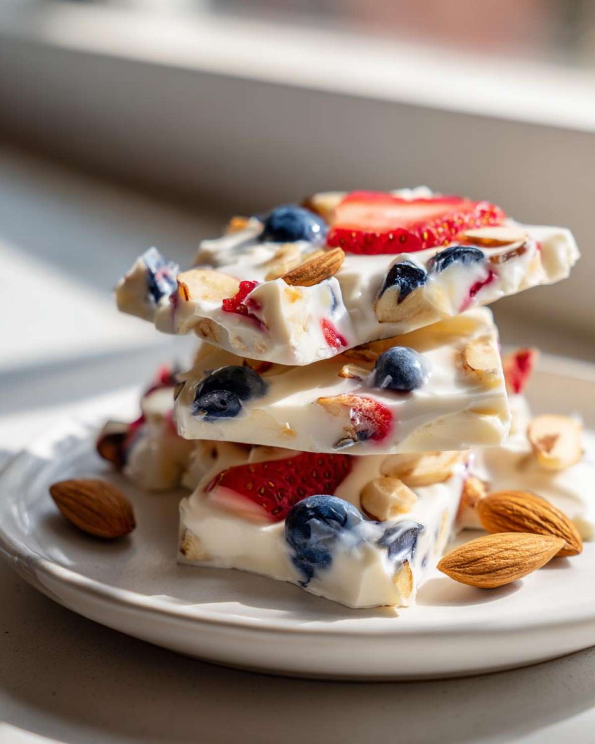Close-up of stacked pieces of Frozen Yogurt Bark with Fruit & Nuts, featuring blueberries, strawberries, and almonds.