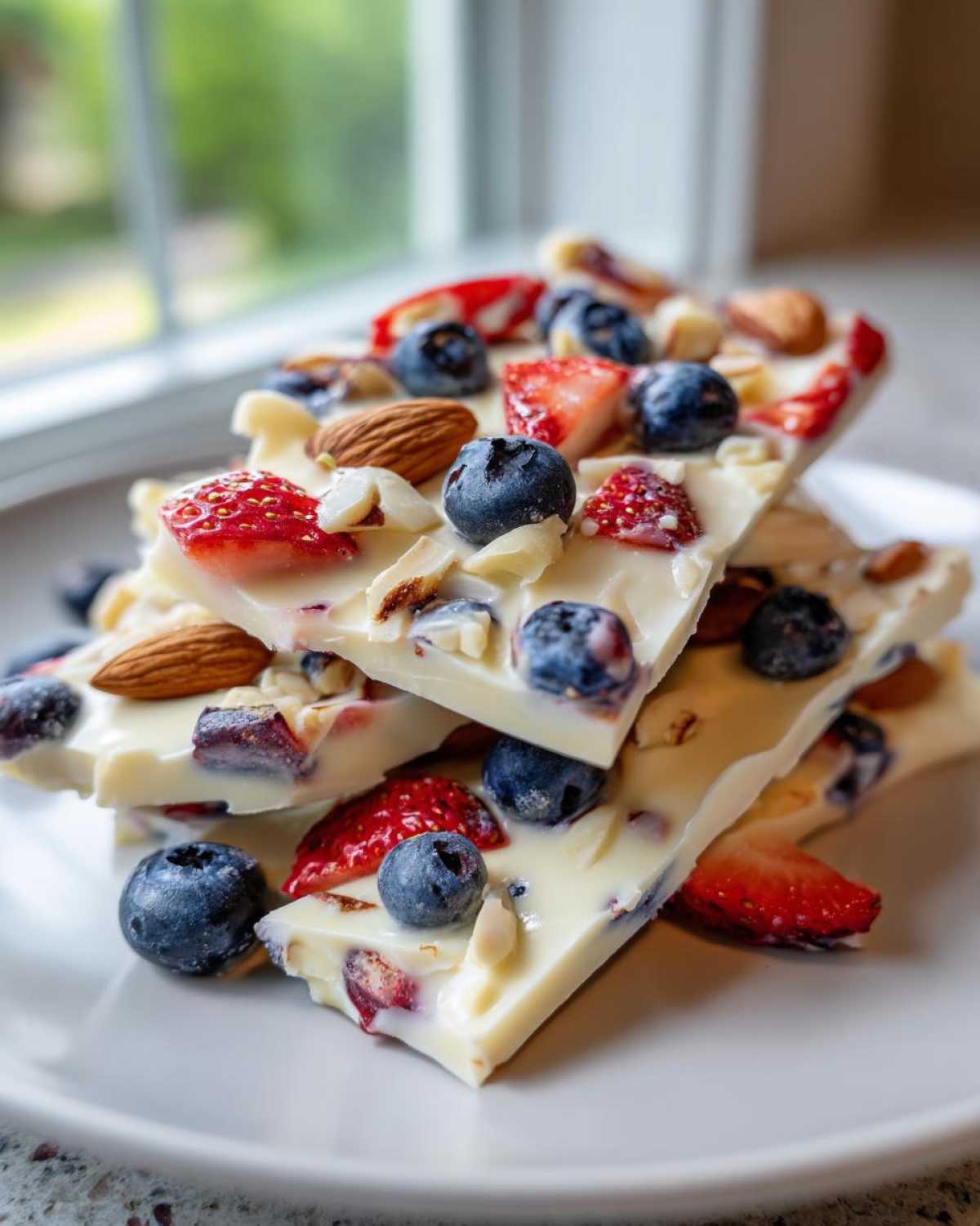 Close-up of stacked pieces of Frozen Yogurt Bark with Fruit & Nuts topped with fresh blueberries, strawberries, and almonds.