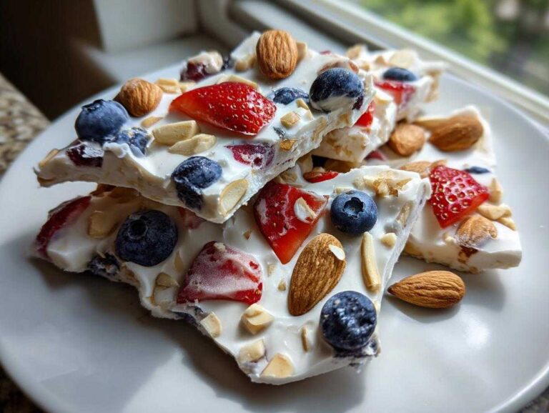 Close-up of stacked pieces of Frozen Yogurt Bark with Fruit & Nuts, topped with blueberries, strawberries, and almonds.