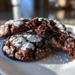 Three rich, dark Gluten-Free Chocolate Mint Cookies dusted with powdered sugar, one broken open to show a fudgy interior.