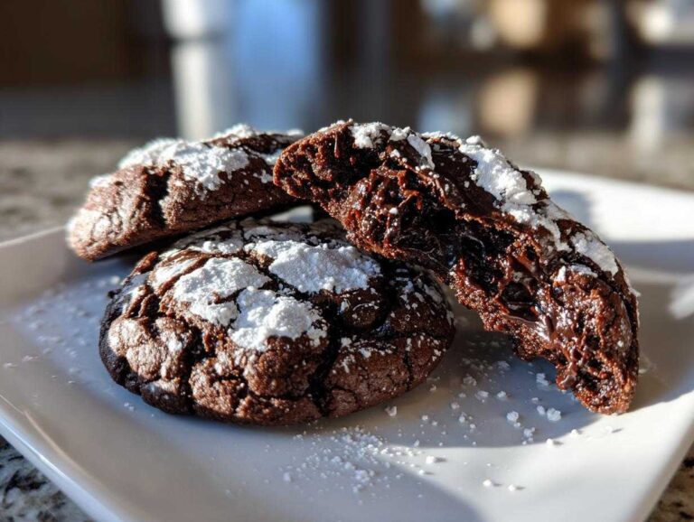 Three rich, dark Gluten-Free Chocolate Mint Cookies dusted with powdered sugar, one broken open to show a fudgy interior.