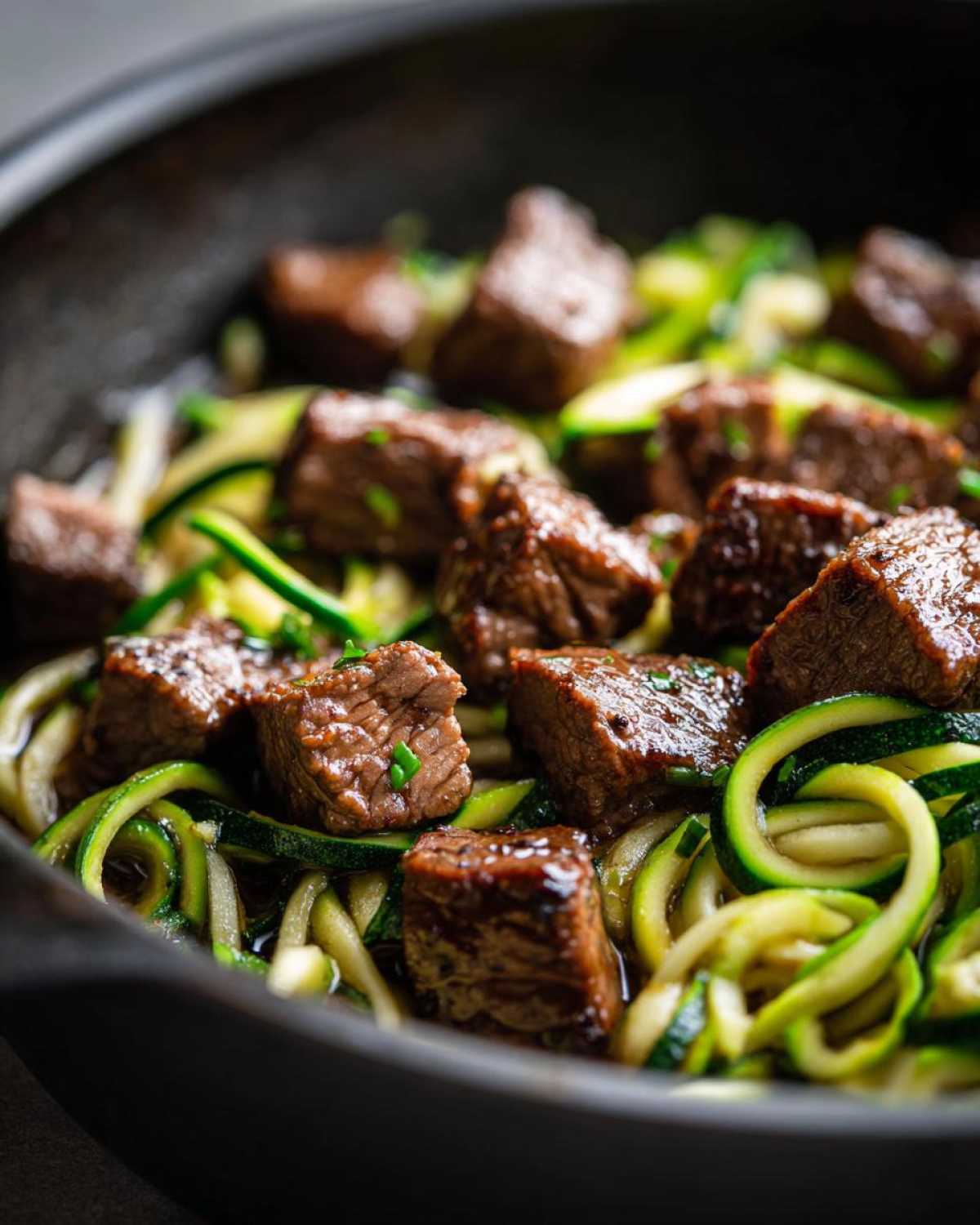 Close-up of juicy Garlic Butter Steak Bites mixed with bright green zucchini noodles in a dark skillet.