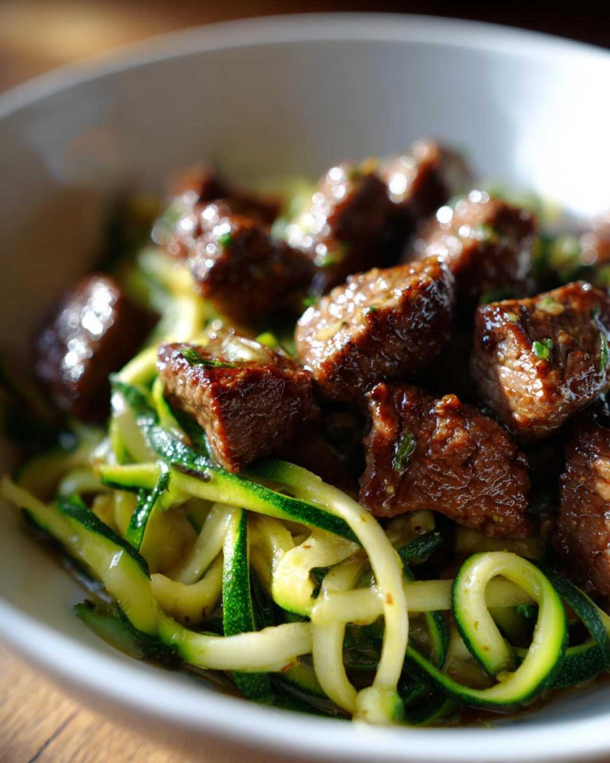 Close-up of tender Garlic Butter Steak Bites served over bright green zucchini noodles in a white bowl.