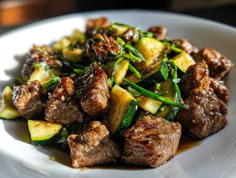 Shocking 25-Min Garlic Butter Steak Bites Zoodles Close-up of savory Garlic Butter Steak Bites mixed with sautéed zucchini noodles on a white plate.