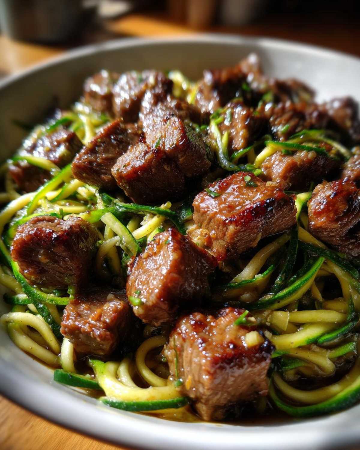 Close-up of juicy Garlic Butter Steak Bites served over bright green zucchini noodles in a white bowl.