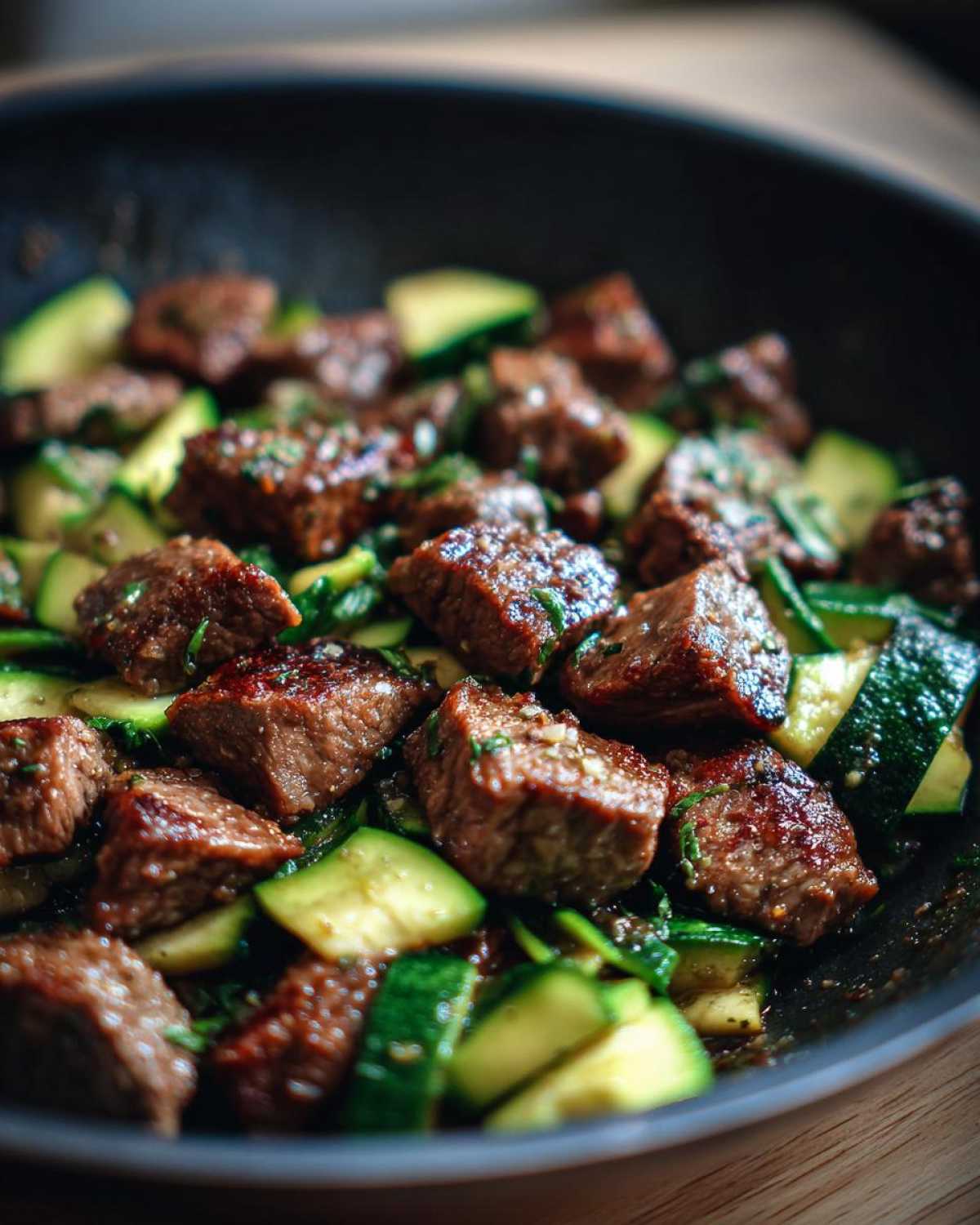 Close-up of seared Garlic Butter Steak Bites mixed with sliced zucchini noodles in a dark skillet.