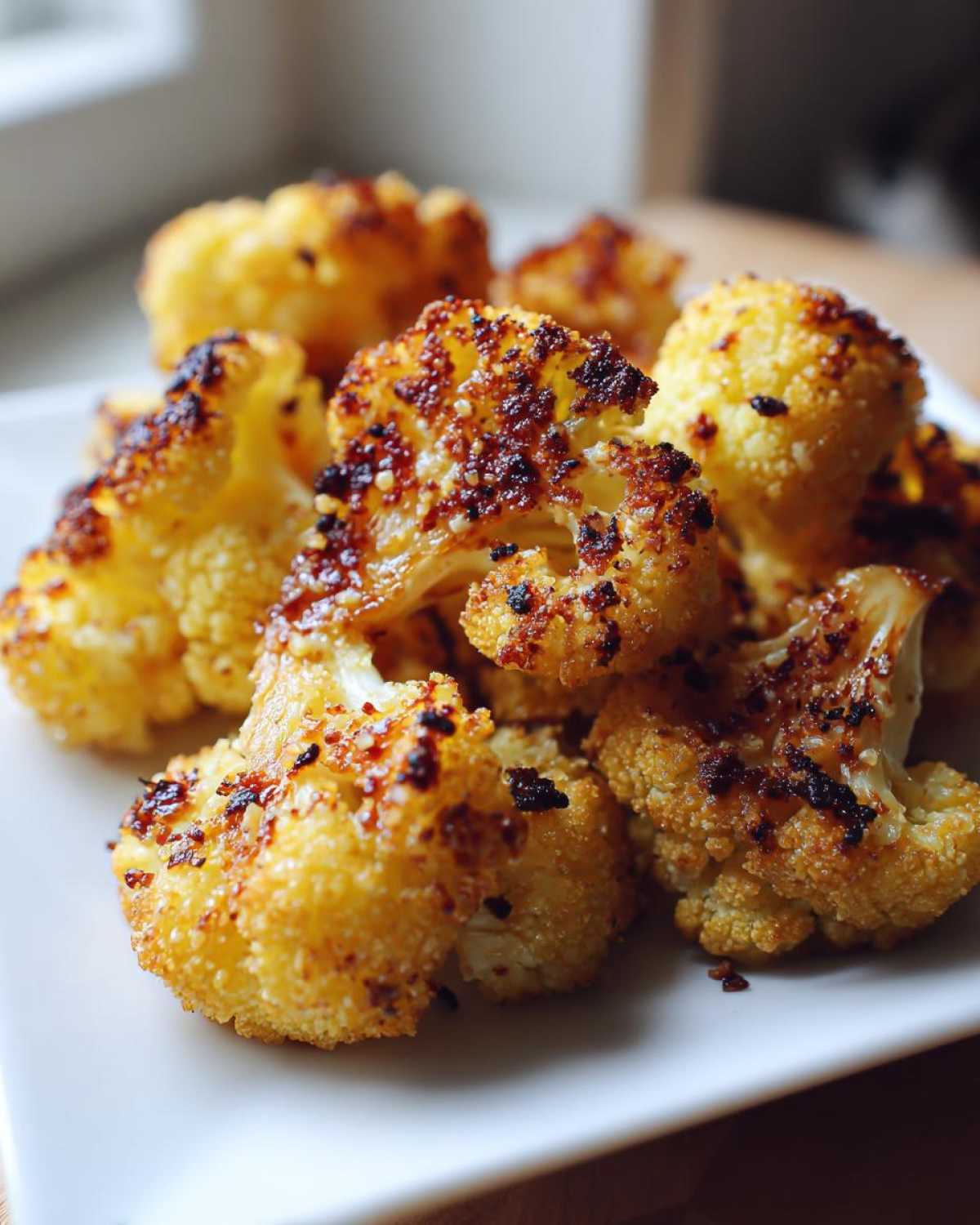 Close-up of perfectly roasted Garlic Parmesan Roasted Cauliflower florets with crispy, browned edges on a white plate.