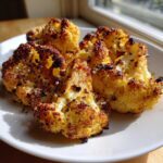 Close-up of crispy, golden brown Garlic Parmesan Roasted Cauliflower florets served on a white plate.