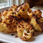 Close-up of crispy, browned florets of Garlic Parmesan Roasted Cauliflower served on a white plate.