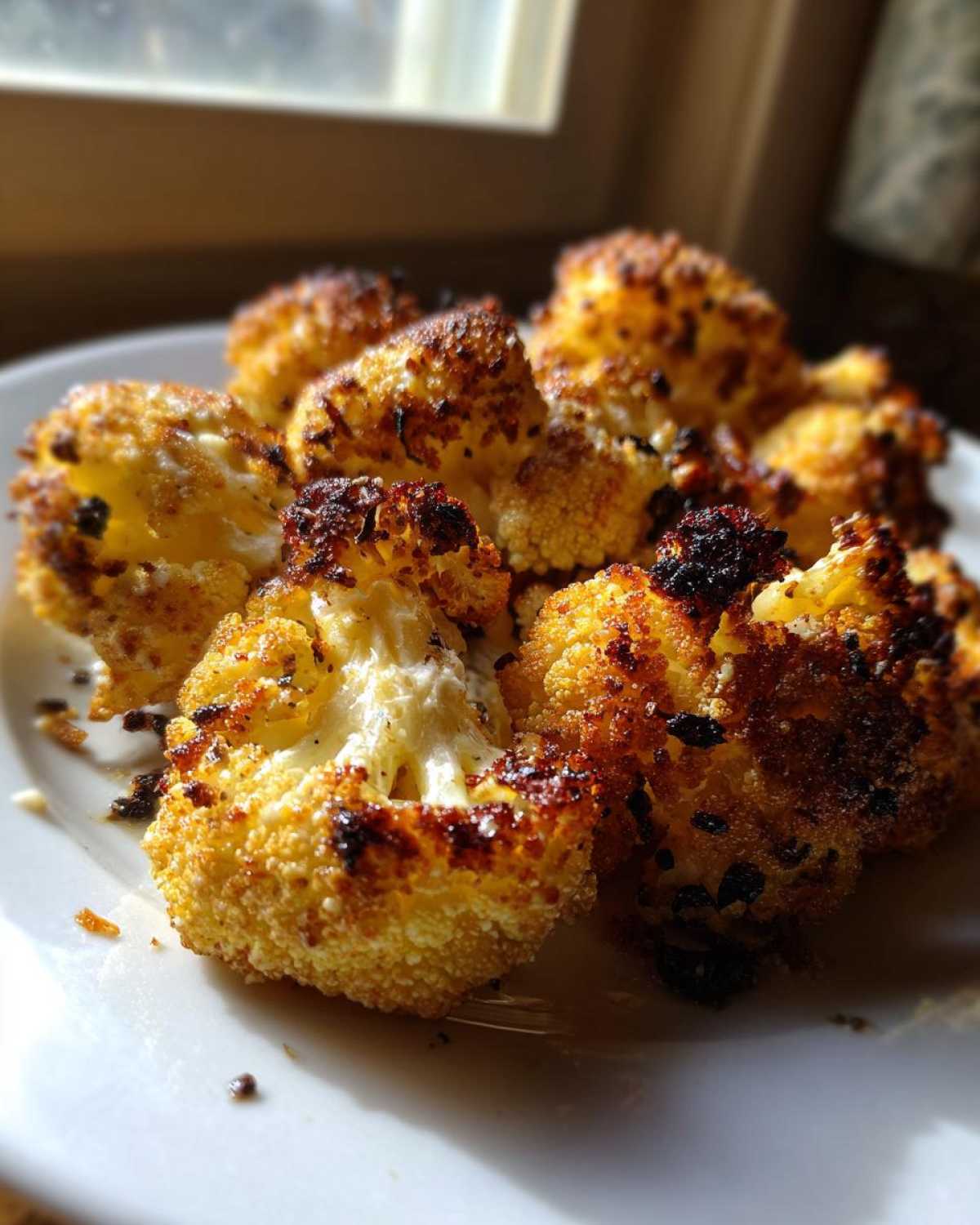 Close-up of crispy, golden-brown Garlic Parmesan Roasted Cauliflower florets on a white plate.