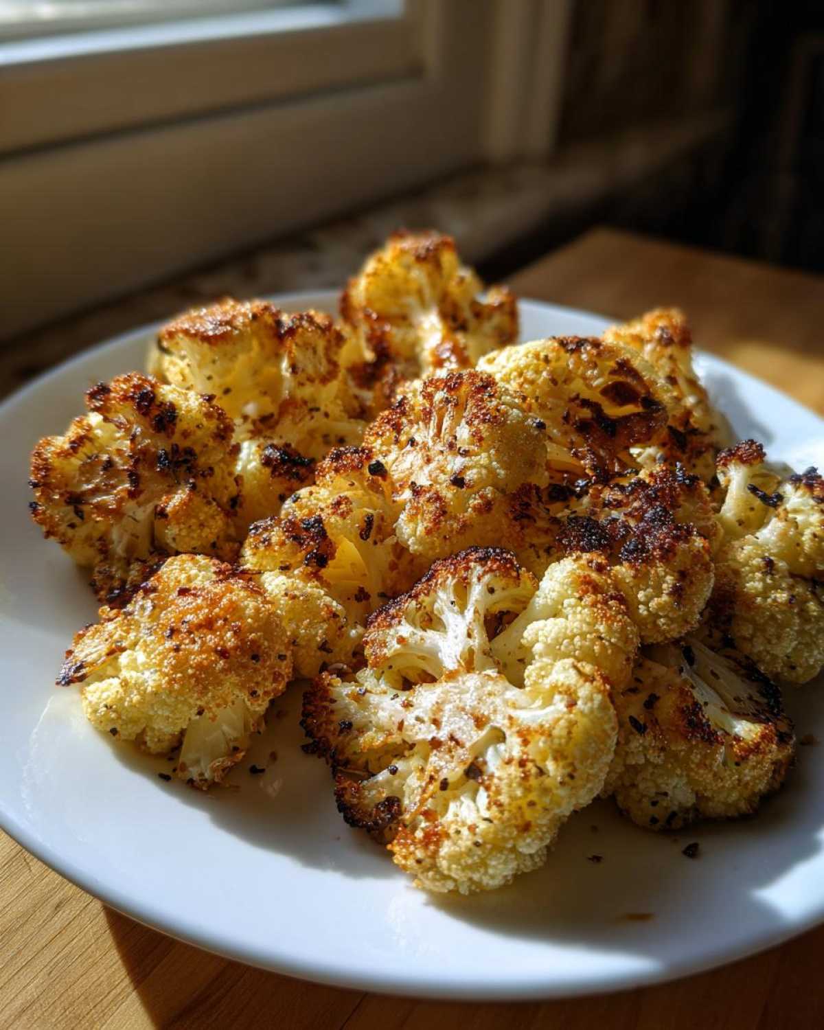 Close-up of beautifully browned Garlic Parmesan Roasted Cauliflower florets served on a white plate.