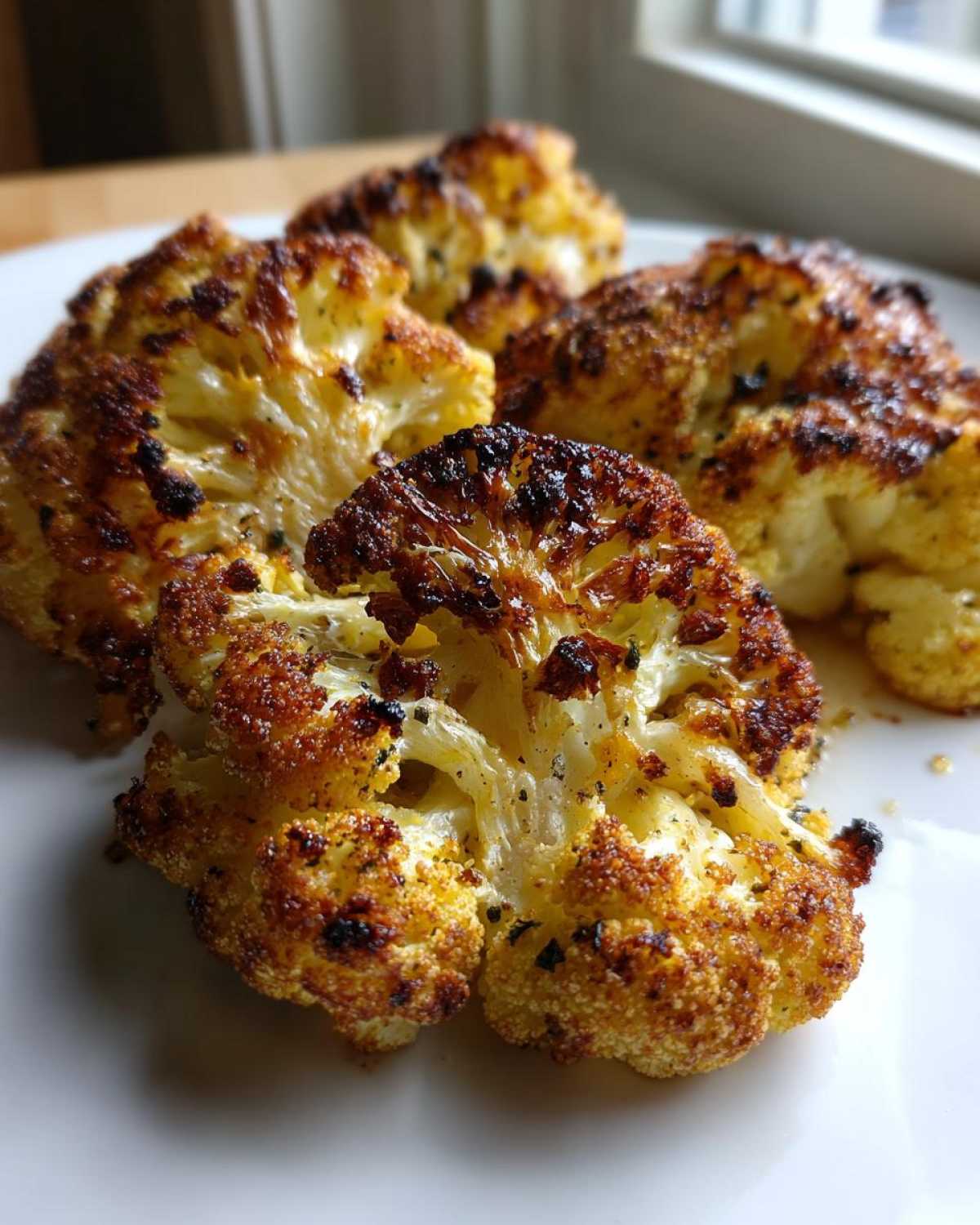 Close-up of perfectly roasted Garlic Parmesan Roasted Cauliflower florets with crispy, browned edges on a white plate.