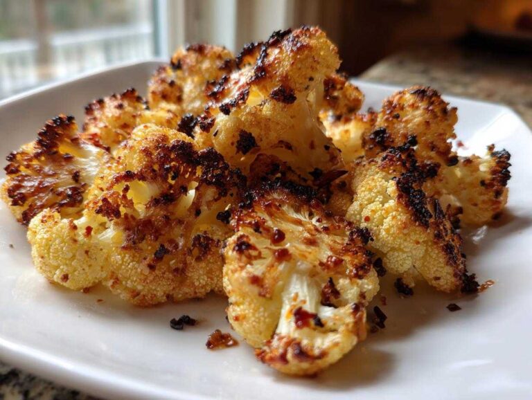 Amazing 30-Min Garlic Parmesan Roasted Cauliflower Close-up of crispy, browned florets of Garlic Parmesan Roasted Cauliflower served on a white plate.