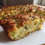 A close-up of a thick slice of baked Garlic Parmesan Zucchini Casserole with a golden, cheesy crust.