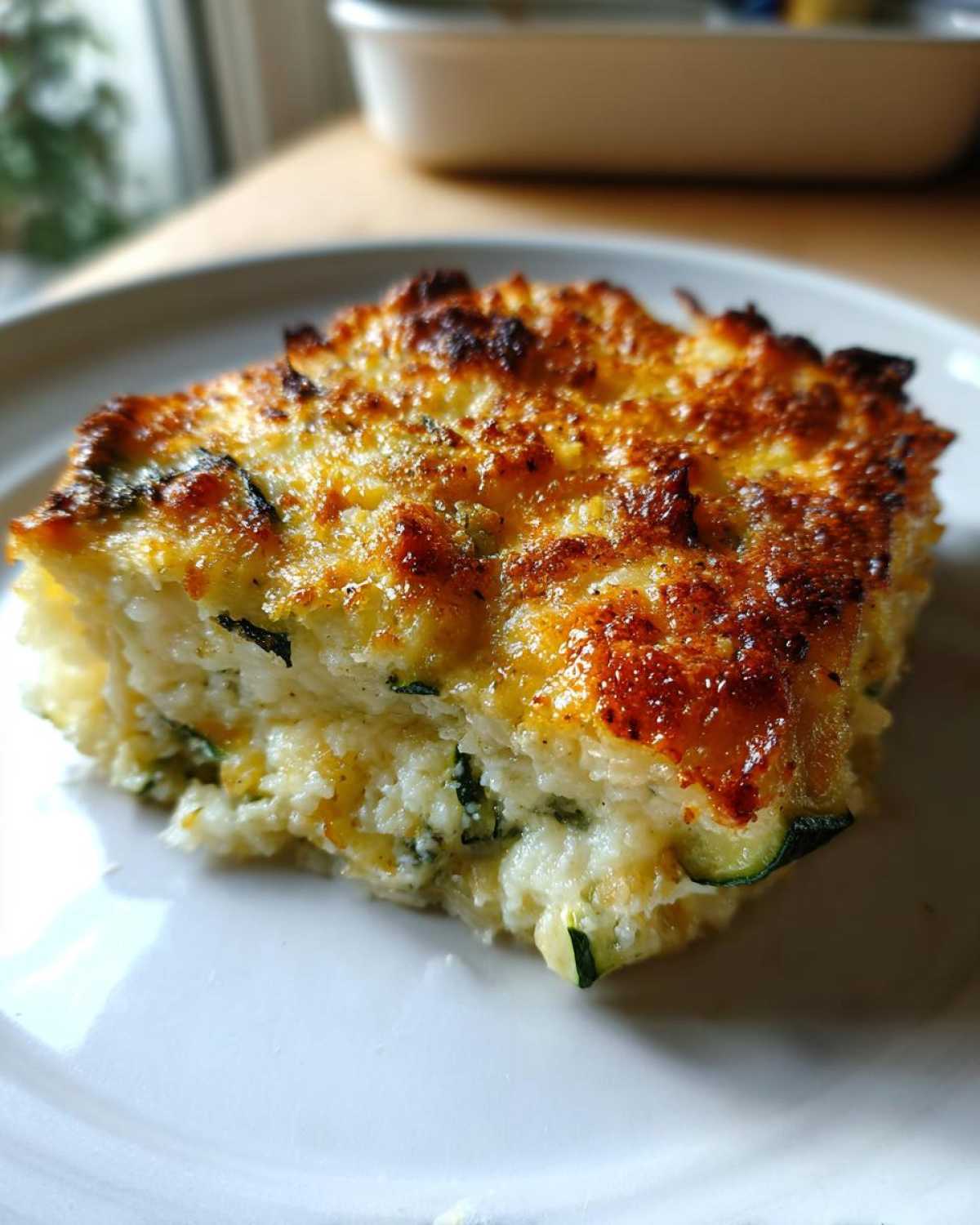 A close-up of a cheesy, baked slice of Garlic Parmesan Zucchini Casserole with a golden-brown crust.