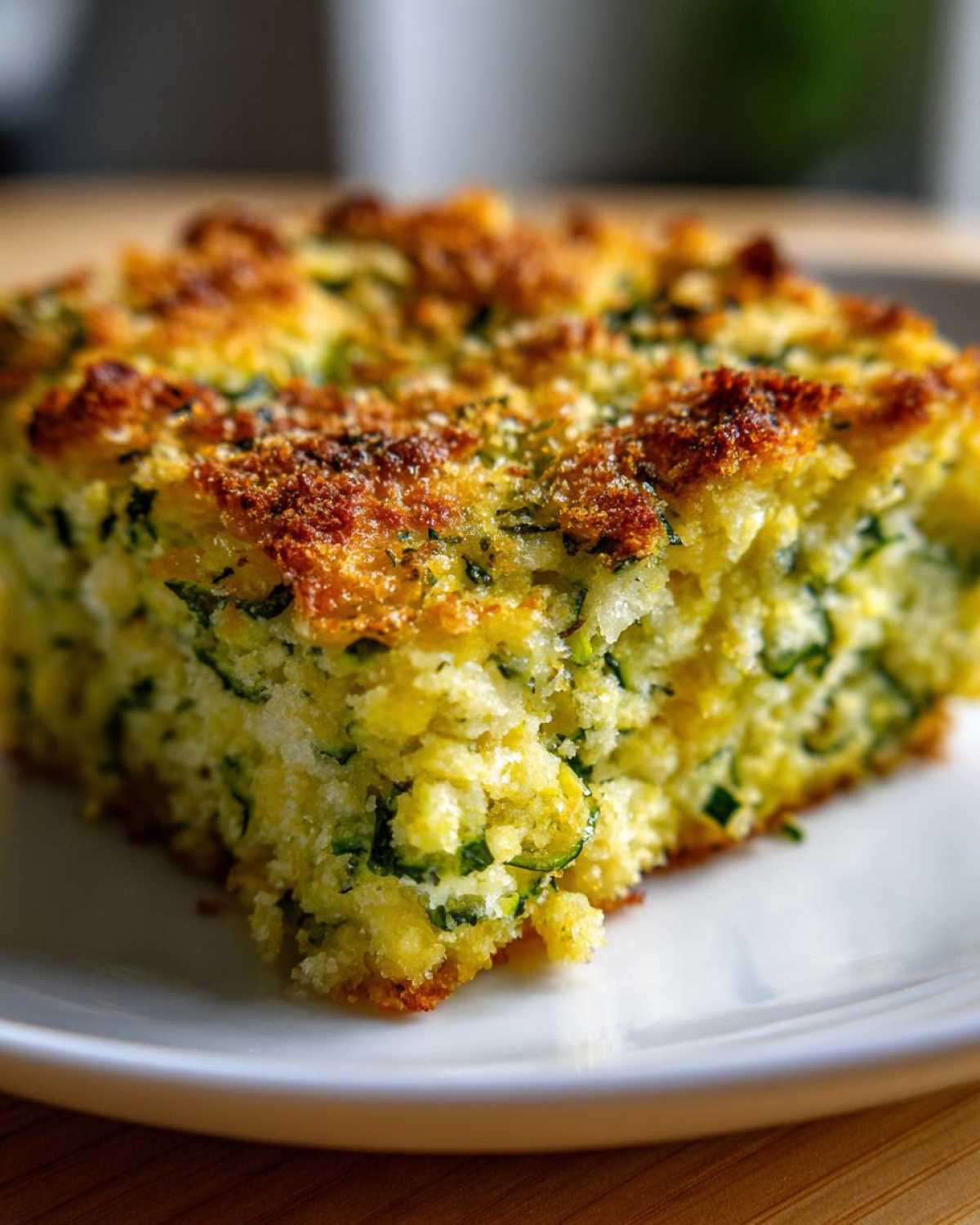 Close-up of a square slice of Garlic Parmesan Zucchini Casserole with a golden, crunchy topping.