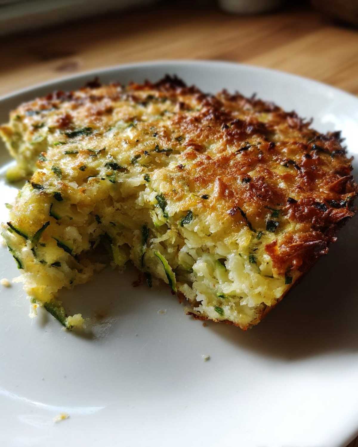 A close-up of a baked slice of Garlic Parmesan Zucchini Casserole with a golden, crispy top.