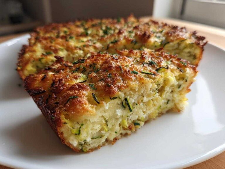 A close-up of a thick slice of baked Garlic Parmesan Zucchini Casserole with a golden, cheesy crust.