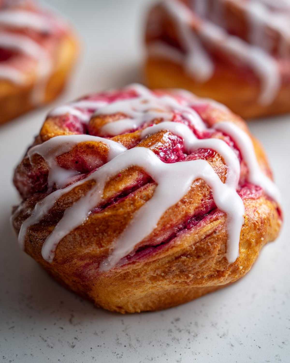 A close-up of a freshly baked Geometric Rhubarb Cardamom Bun, featuring vibrant pink filling and white icing drizzle.