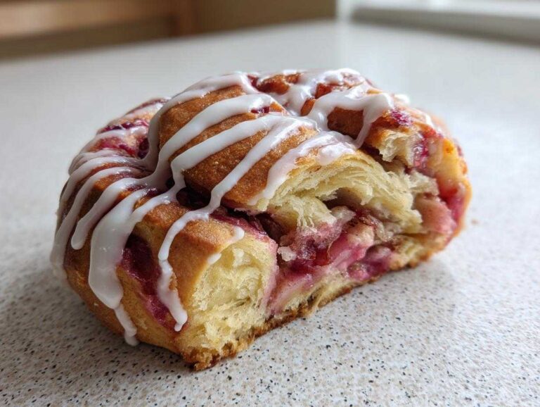 Close-up of a cross-section of a Geometric Rhubarb Cardamom Buns, showing flaky layers and a bright rhubarb filling, drizzled with white icing.