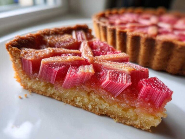 Close-up of a slice of Geometric Rhubarb Tart with Frangipane, showing bright pink rhubarb pieces arranged geometrically.