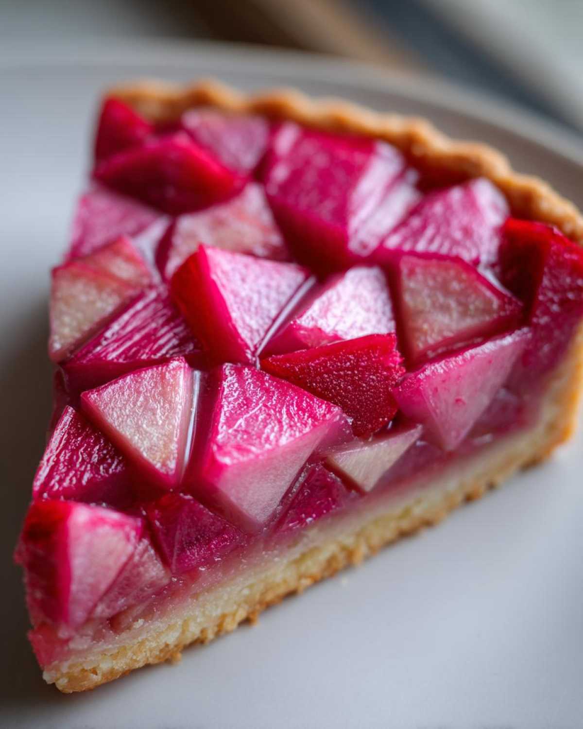 Close-up of a slice of Geometric Rhubarb Tart showing bright pink, geometrically cut rhubarb pieces on a golden crust.