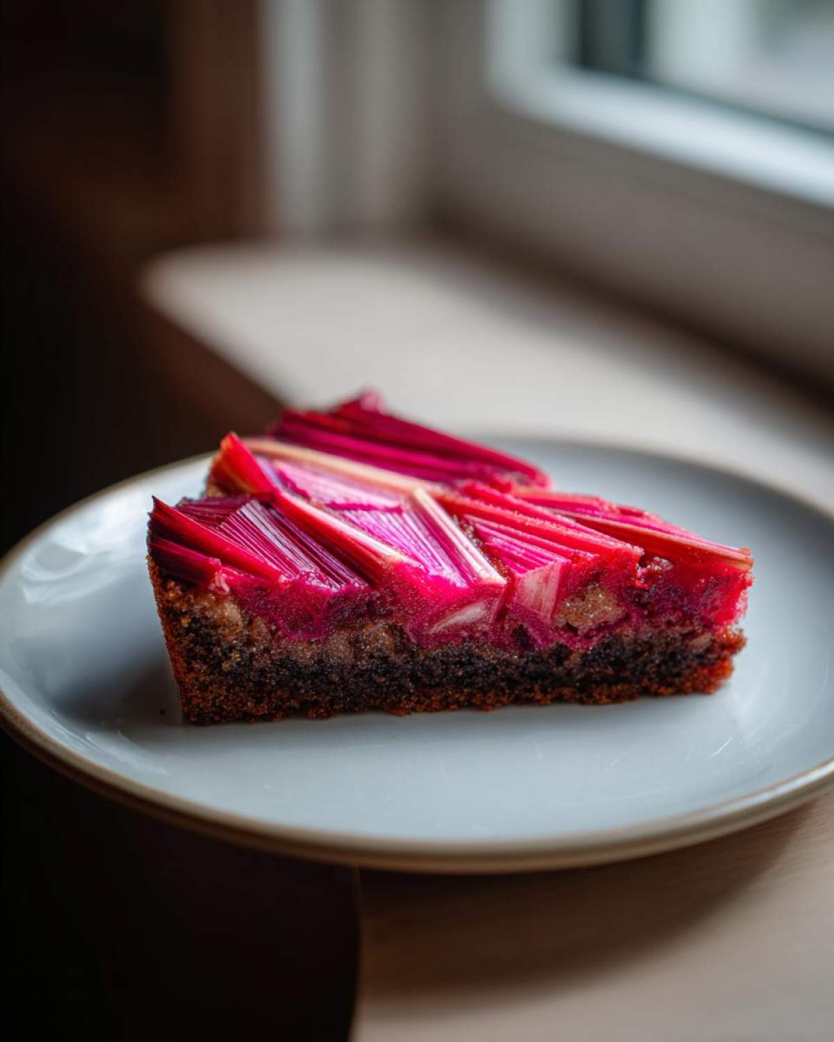 A close-up slice of Geometric Rhubarb Upside-Down Spice Cake showing vibrant pink rhubarb arranged geometrically on a dark spice cake base.