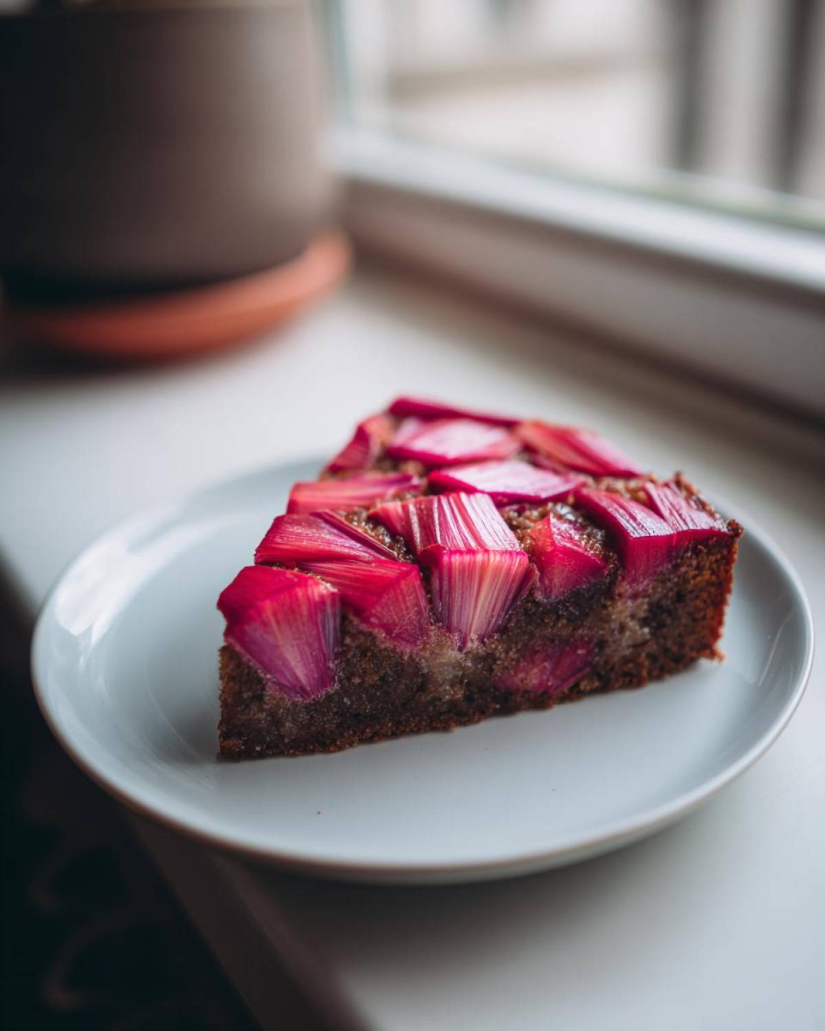 A single slice of Geometric Rhubarb Upside-Down Spice Cake with vibrant pink rhubarb topping on a white plate.