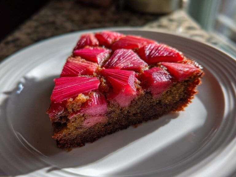 A close-up slice of Geometric Rhubarb Upside-Down Spice Cake featuring bright pink rhubarb arranged on a dark, moist spice cake base.